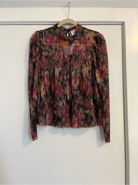 Lavender Brown Multicolor metallic Pleated Mock Neck Long Sleeve Top sheer